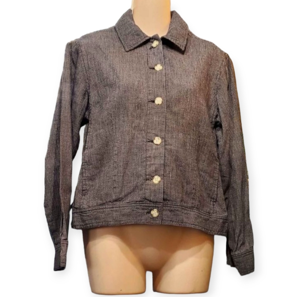 VTG Talbots Petites Irish Linen Cotton Black & White Buttons Cuffs Crop Jacket